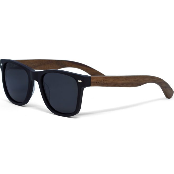Walnut wood classic style sunglasses with blue mirrored polarized lenses