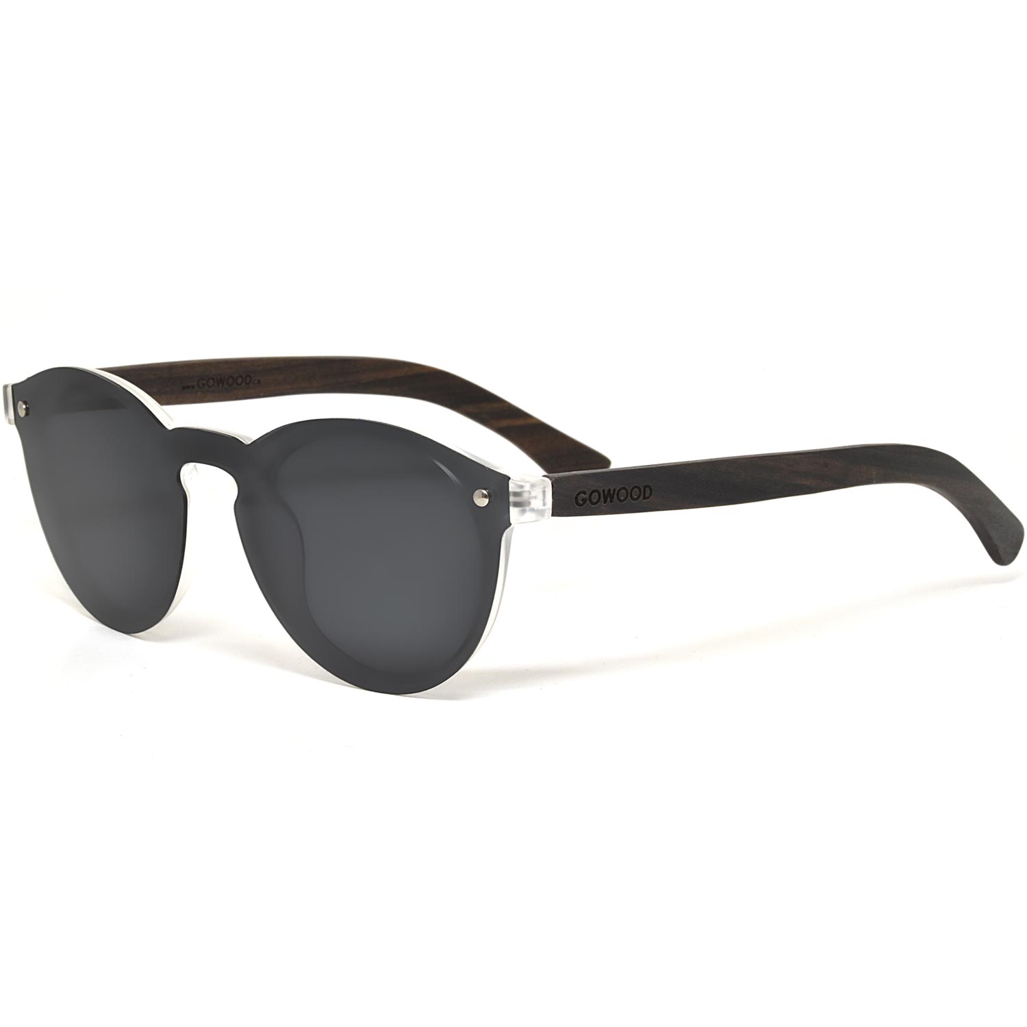 Round ebony wood sunglasses with special one piece polarized dark grey lens