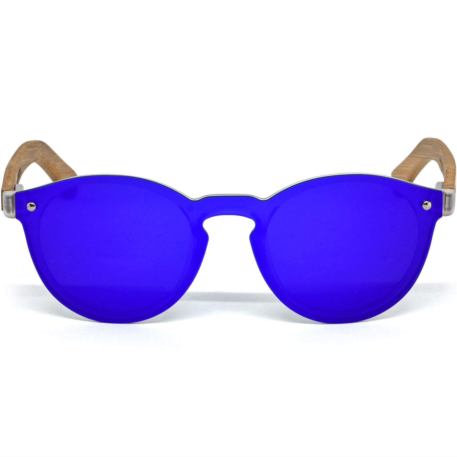 Round Bamboo Wood Sunglasses w/One Piece Blue Reflective Lens