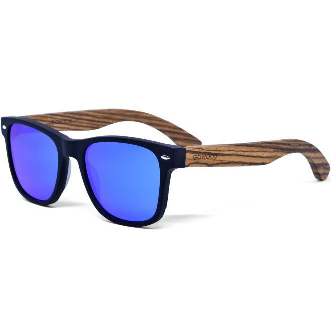 zebra wood classic style sunglasses blue lenses