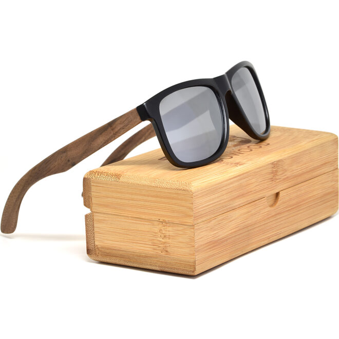 Square walnut wood sunglasses silver mirrored polarized lenses bamboo box