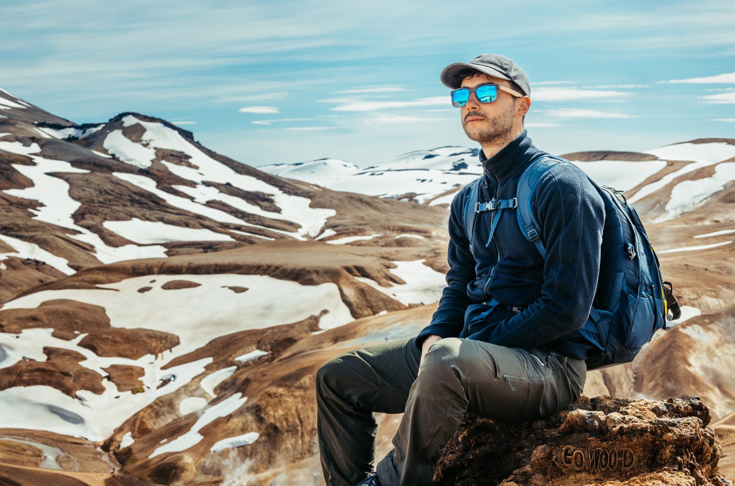 Square bamboo wood sunglasses with blue mirrored polarized lenses