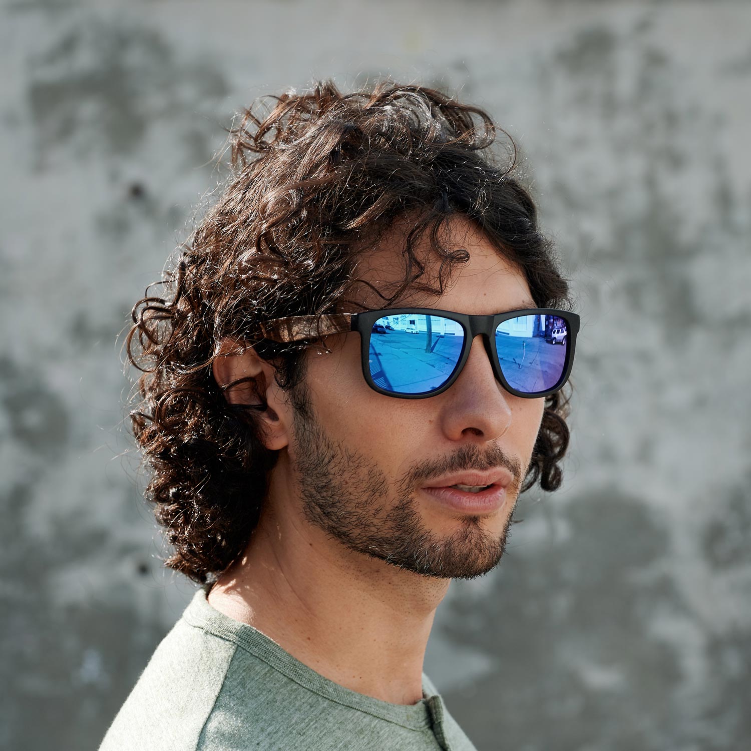 Square ebony wood sunglasses with blue mirrored polarized lenses