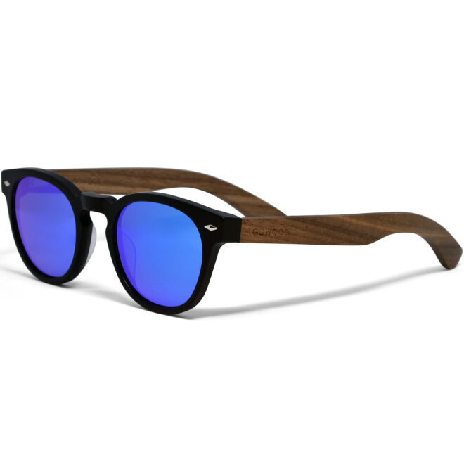 Round walnut wood sunglasses with blue mirrored polarized lenses