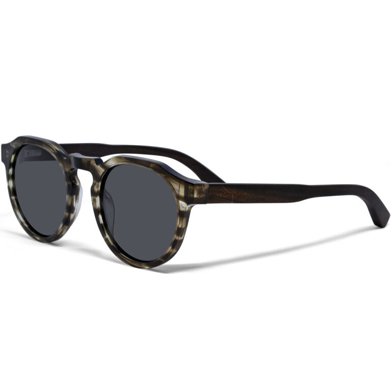 Ebony wood panto sunglasses with smog acetate frame and black polarized lenses