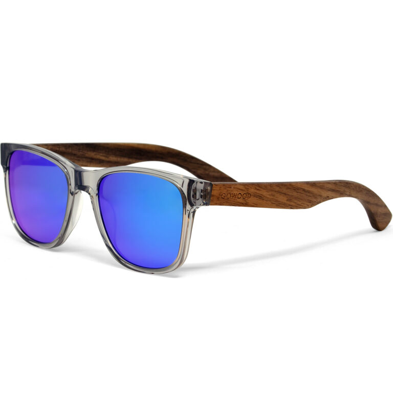 Lunettes de soleil en bois de noyer de style classique avec monture grise semi-transparente et verres miroirs bleu polarisés