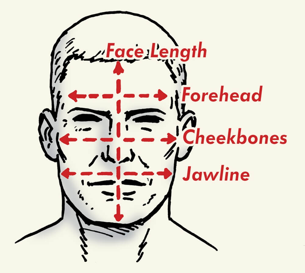 Diagram illustrating the different sections of a human face forehead, cheekbones, jawline, and face length.