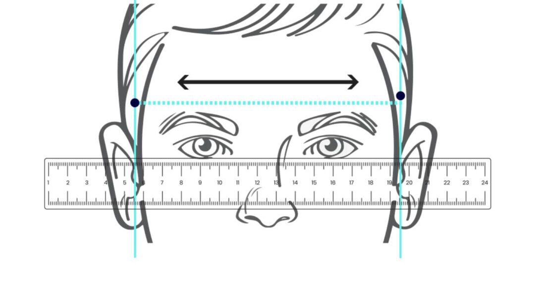Illustration of a man's face with a ruler positioned vertically beside it. The ruler's markings can be used to estimate the appropriate sunglasses size for a similar facial structure