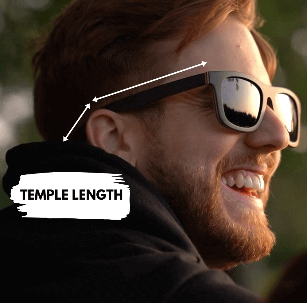 Photo demonstrating how to measure the temple length, to know your sunglasses size