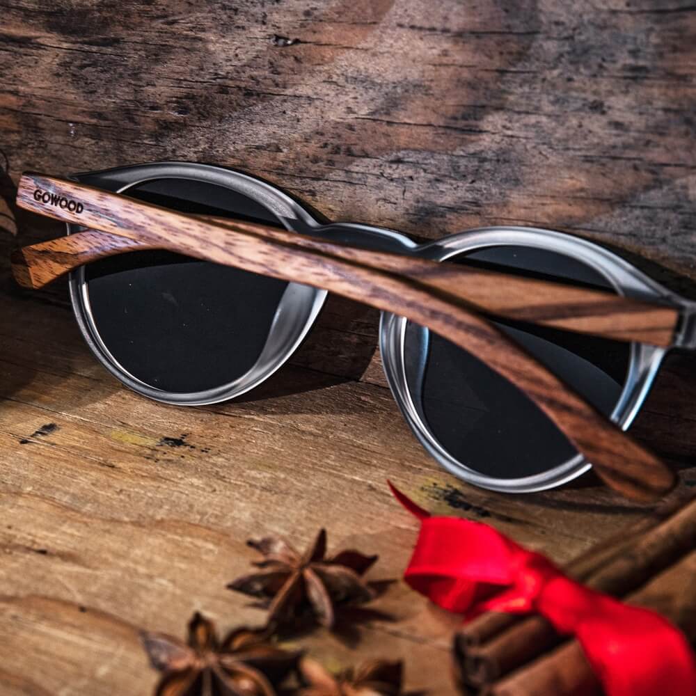 RIO round zebra wood sunglasses, dark grey model from Gowood