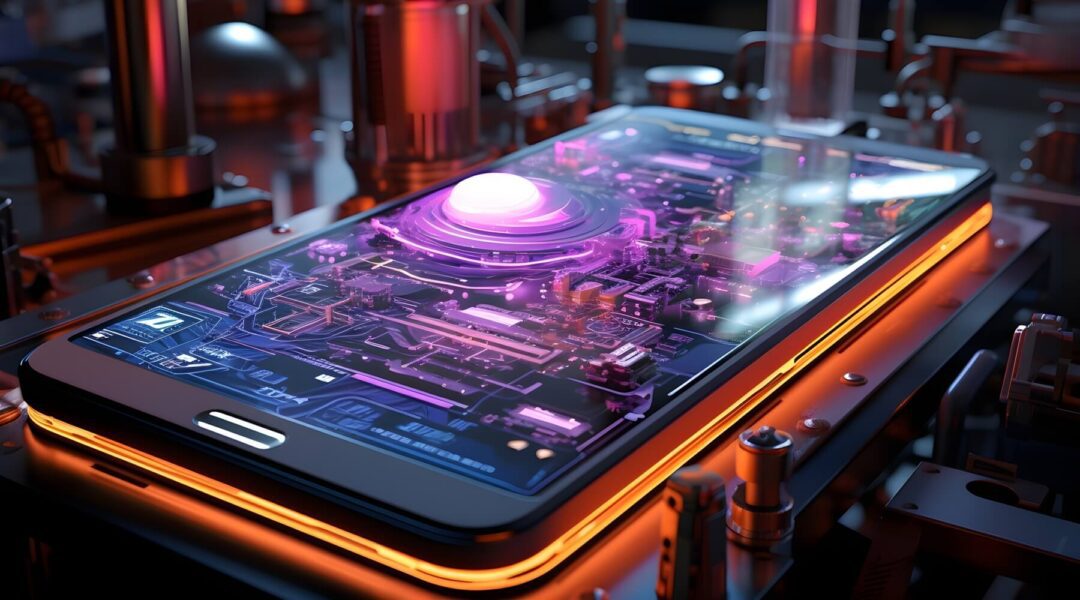 A futuristic smartphone with glowing neon lights, showcasing its internal advanced technology and wireless charging