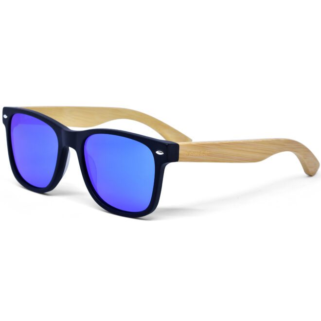 Bamboo wayfarer sunglasses with blue polarized lenses