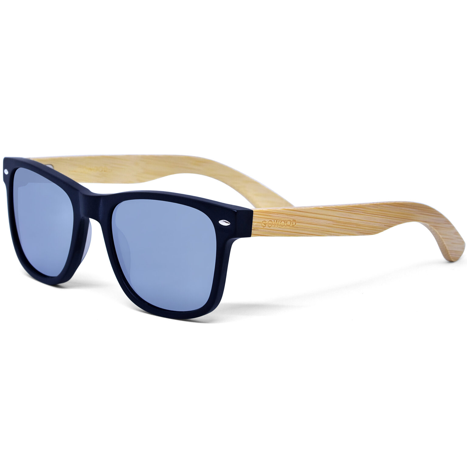 Bamboo wood wayfarer sunglasses with silver mirrored polarized lenses