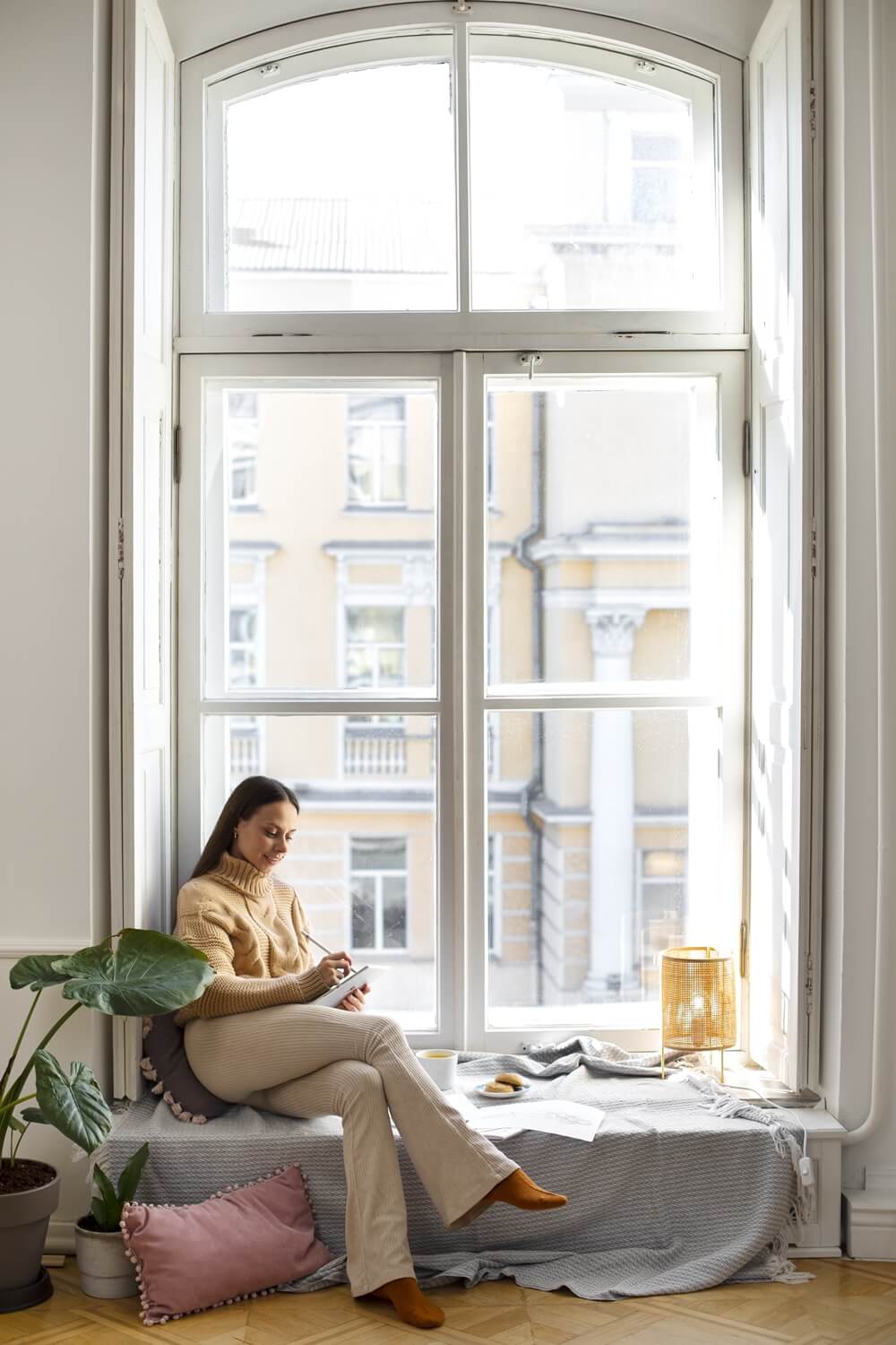 A young woman sits near a window, enjoying a cup of coffee and a croissant