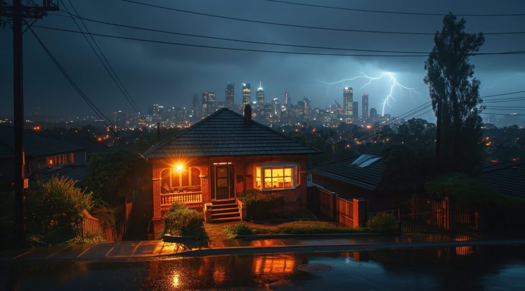 A well-lit house at night, demonstrating how to save energy in Canada while enjoying a beautiful view of a city skyline and a lightning storm